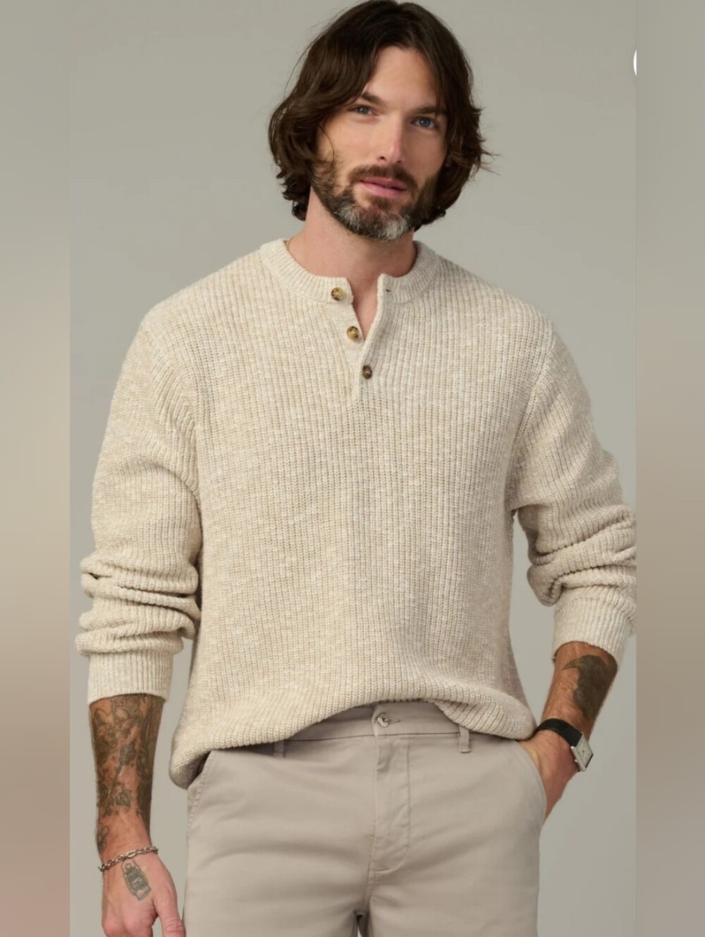 Joe's Jeans SEALED! NWT! The Textured Henley Sweater in Flax. Sz Lg. R2S!